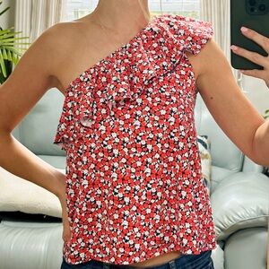 Floral One-Shoulder Top - Coral and White